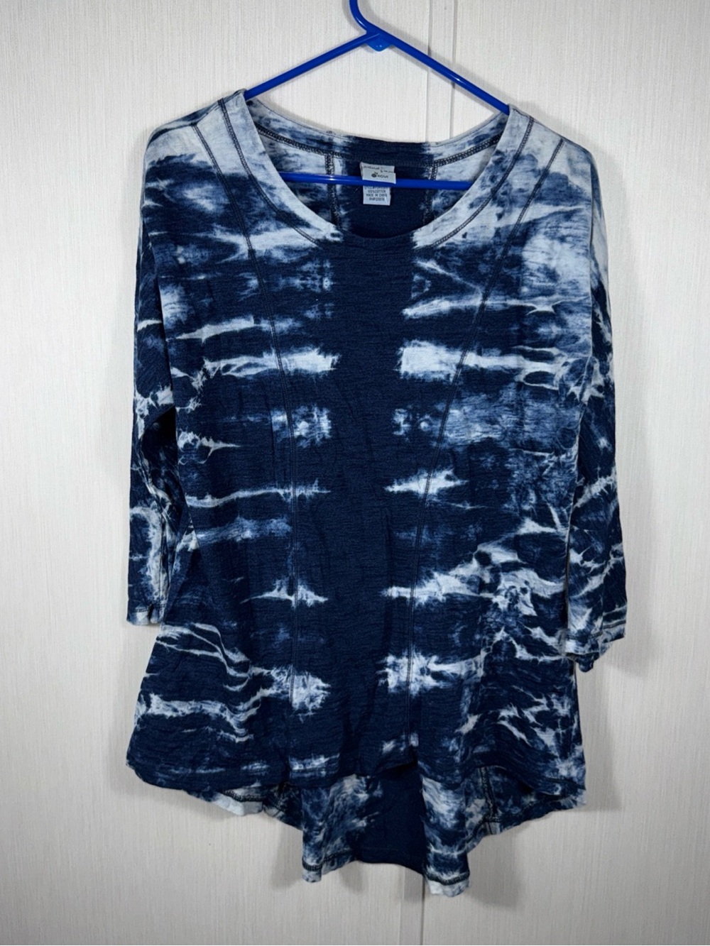 XCVI Mind Set M womens Navy Tie Dye 3/4 Dolman Sleeve Cotton Top Hi/lo